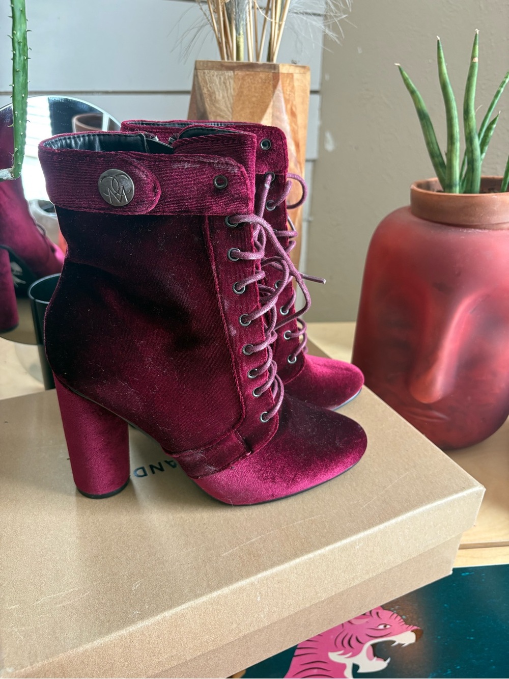 Lucky Brand Burgundy Velvet Lace-Up Block Heel Ankle Boots